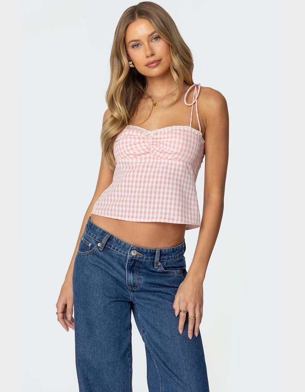 EDIKTED Billie Women’s Open Tie Back Pink Gingham Top Small